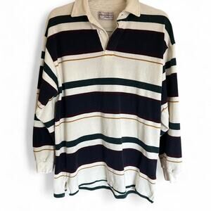 Vintage Rugby Long Sleeve Polo Blue Navy White Stripe Size Medium Cotton Preppy